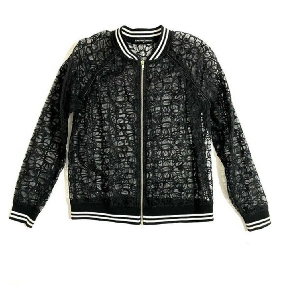 HARLOWE & GRAHAM Bomber Jacket Black Floral Lace Varsity Stripe Hem SZ M